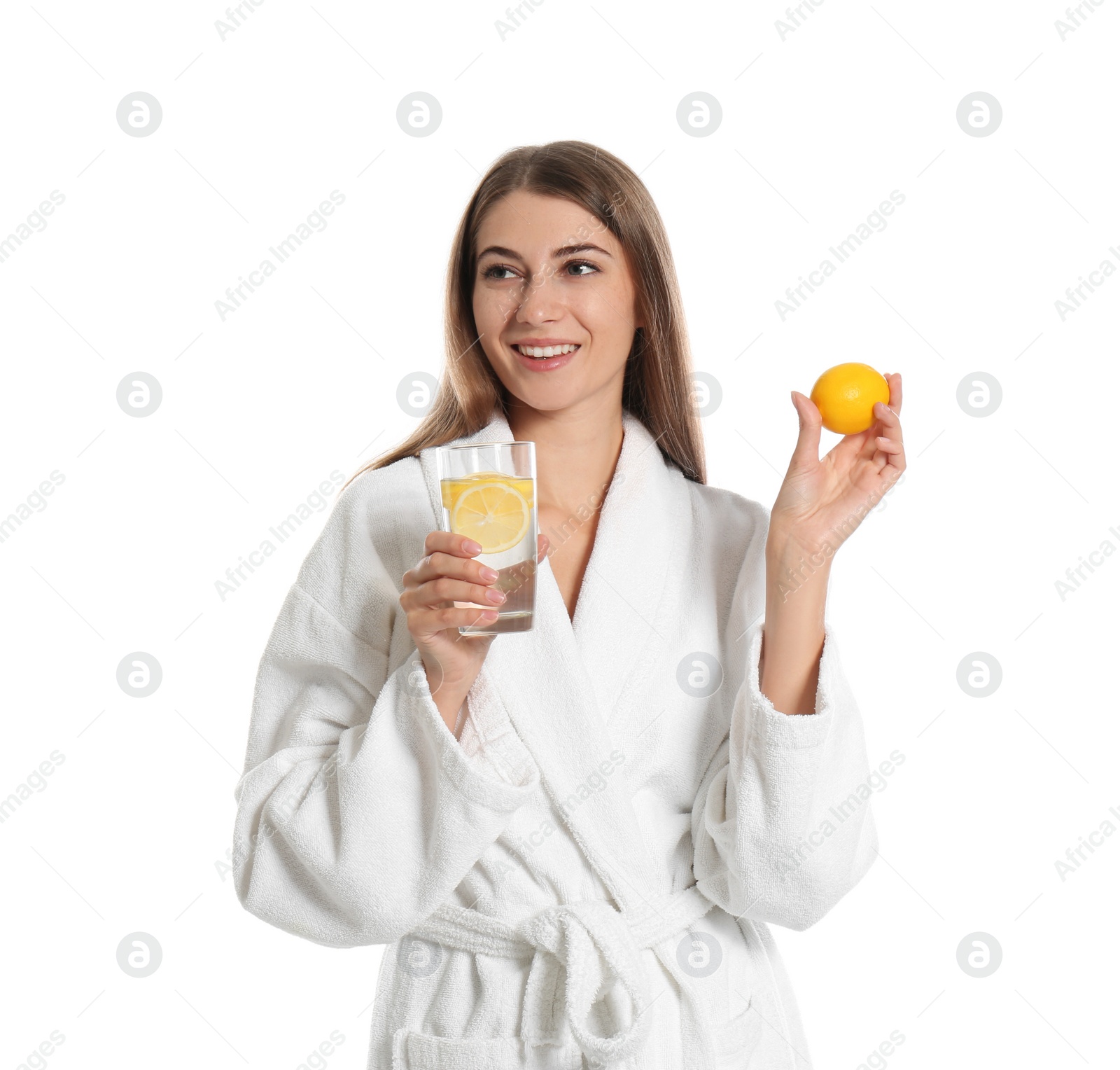 Photo of Young woman with glass of lemon water on white background