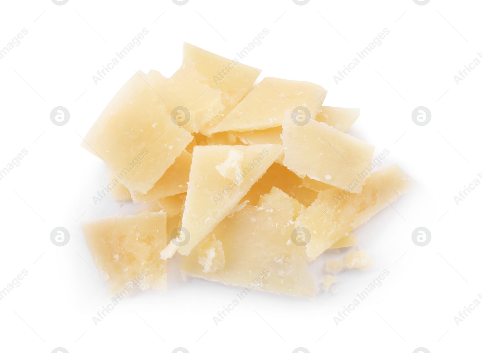 Photo of Pile of parmesan cheese pieces on white background, top view