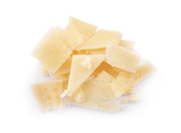 Photo of Pile of parmesan cheese pieces on white background, top view