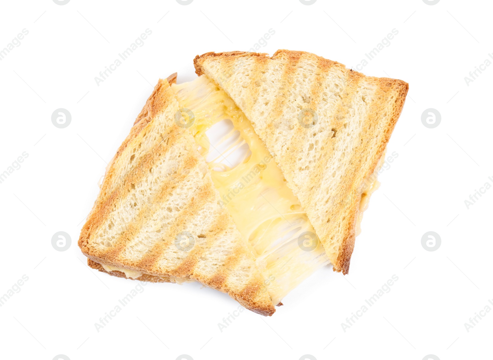 Photo of Fresh tasty cheese sandwich cut in half on white background, top view
