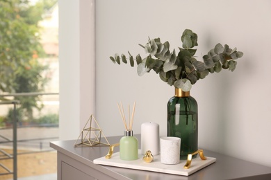 Photo of Composition with eucalyptus branches in vase on chest of drawers indoors. Interior design