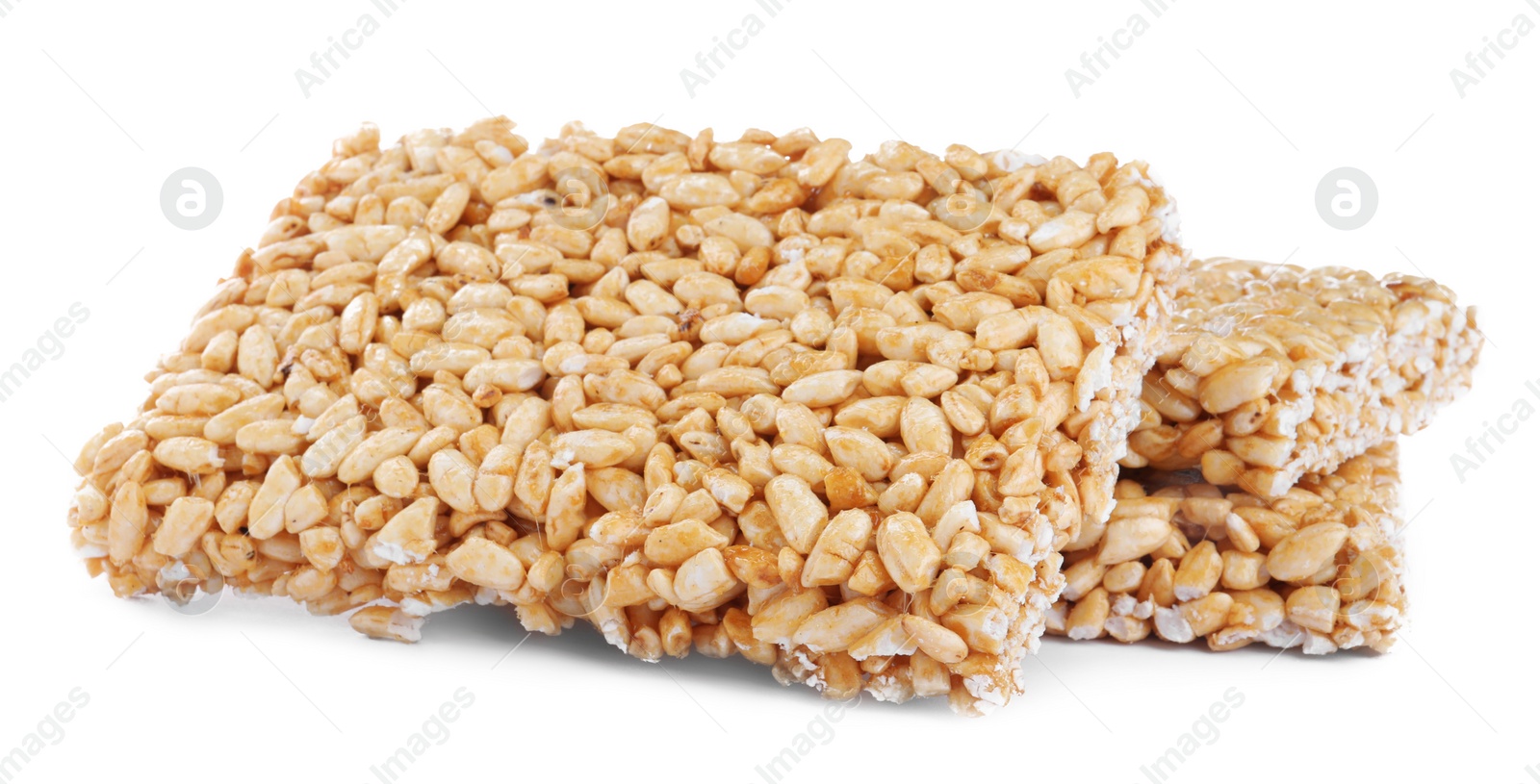 Photo of Delicious rice crispy treats on white background