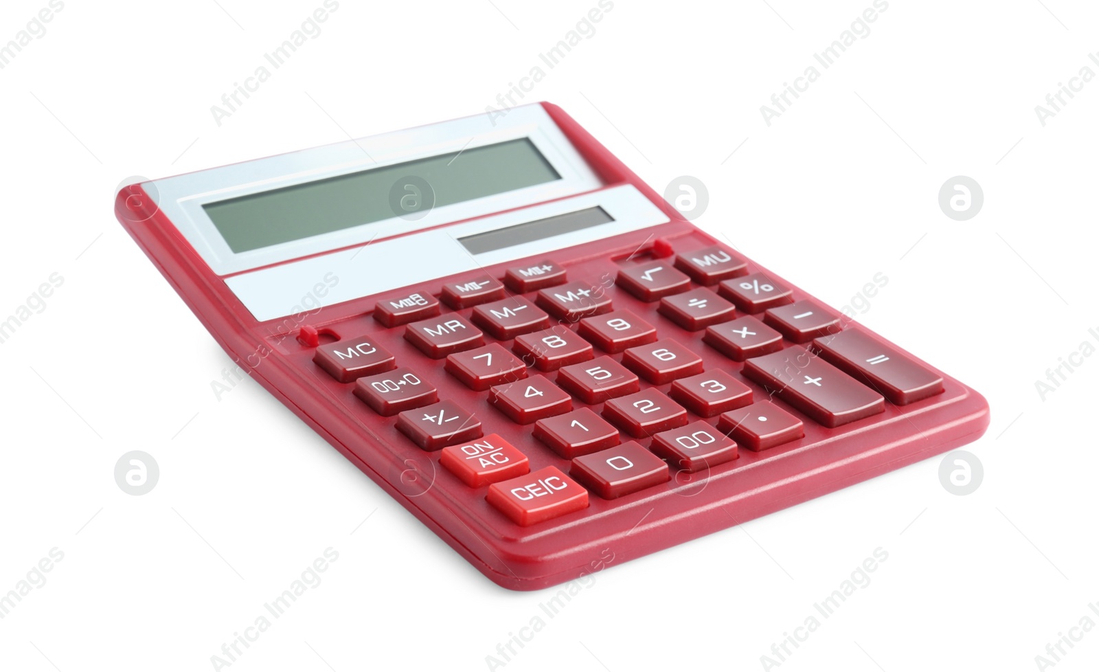 Photo of Red calculator on white background. Office equipment