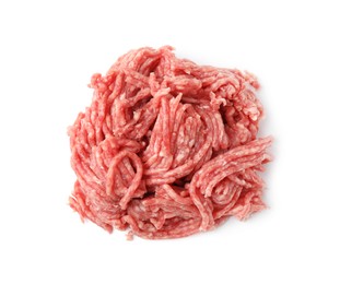 Photo of Pile of fresh raw ground meat isolated on white, above view