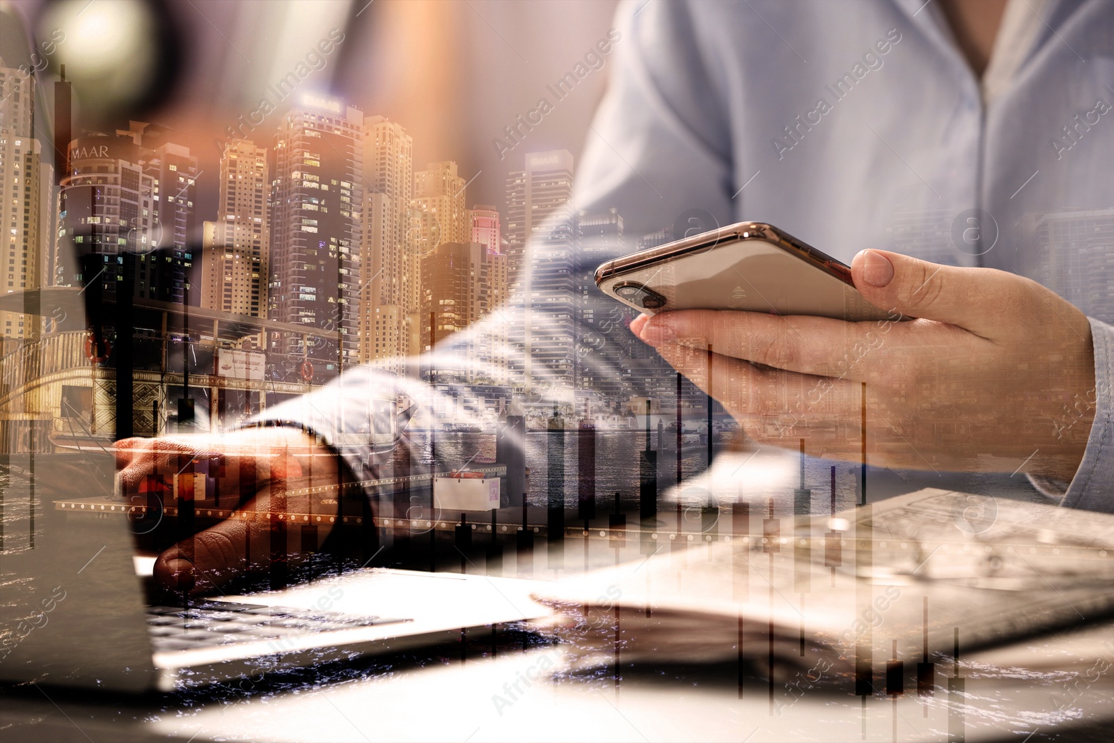 Image of Innovation concept. Double exposure of woman working at table and cityscape