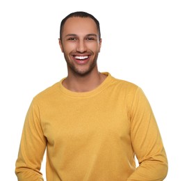 Portrait of smiling African American man on white background