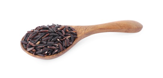 Spoon with raw black rice isolated on white