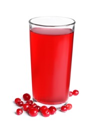 Photo of Tasty cranberry juice in glass and fresh berries isolated on white