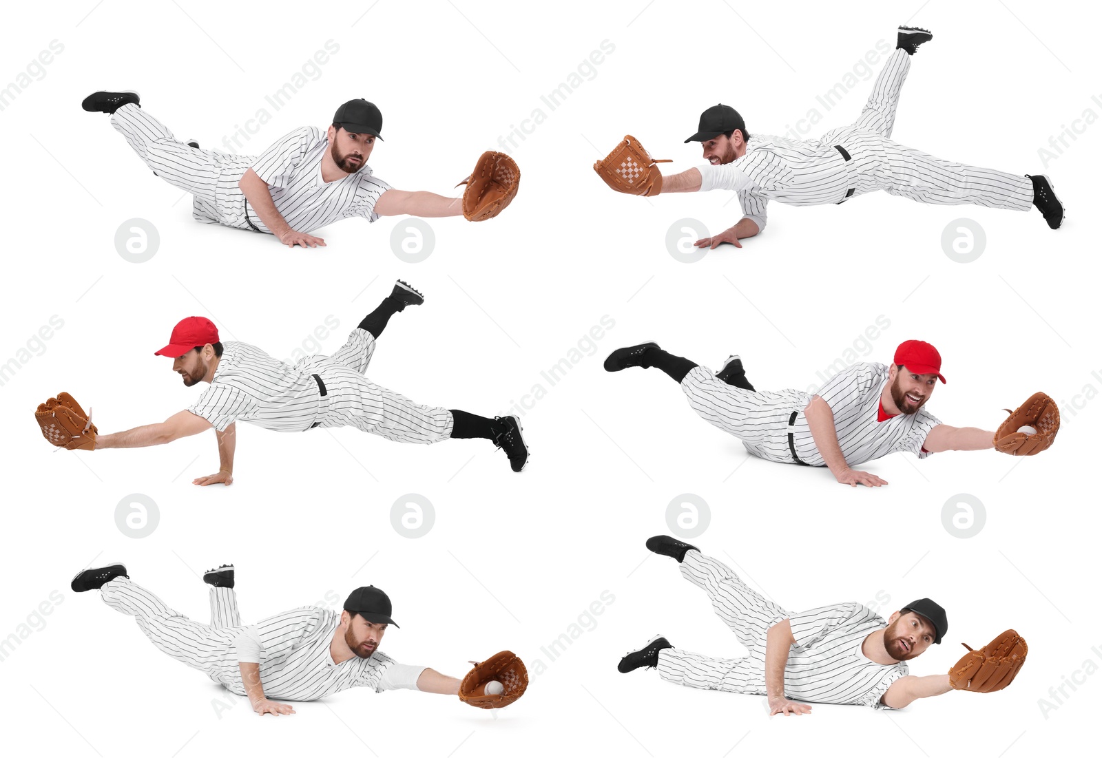 Image of Baseball player catching ball on white background, set of photos