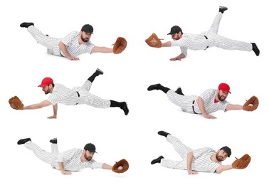 Image of Baseball player catching ball on white background, set of photos