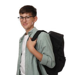 Photo of Teenage student with backpack on white background