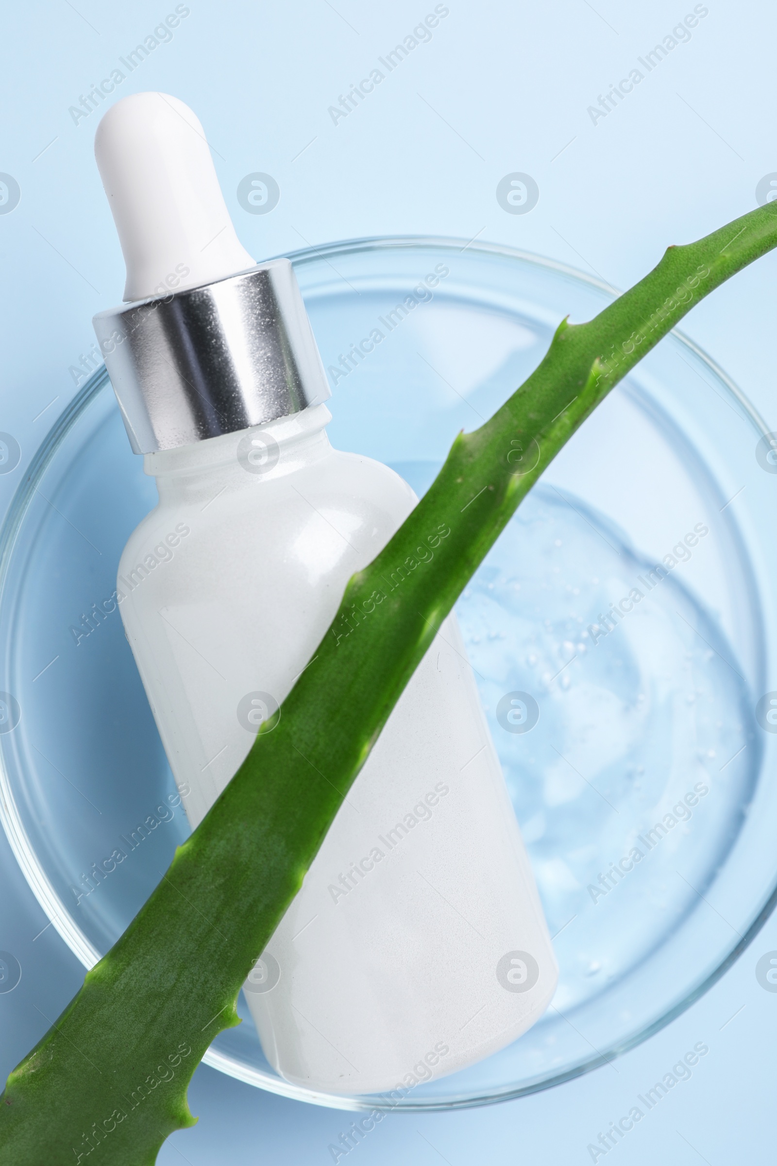 Photo of Petri dish with cosmetic products and aloe vera leaf on light blue background, top view