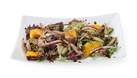 Photo of Delicious salad with beef tongue, orange and onion isolated on white