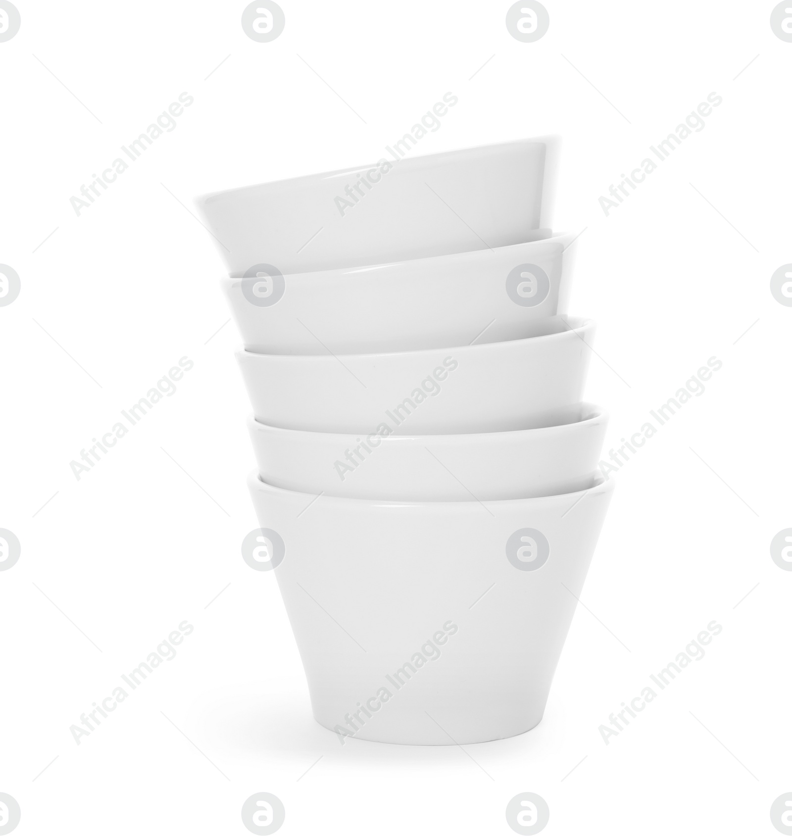 Photo of Stack of clean bowls on white background. Washing dishes