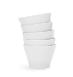 Stack of clean bowls on white background. Washing dishes