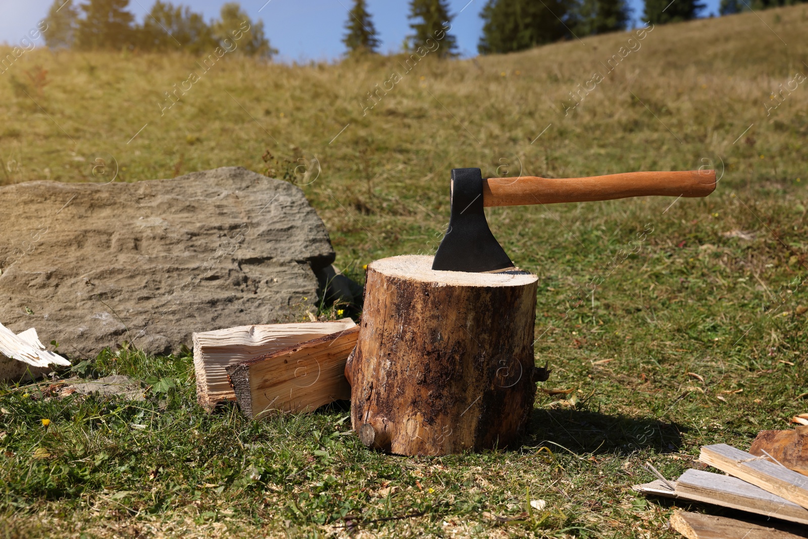 Photo of Tree stump with axe and cut firewood on hill