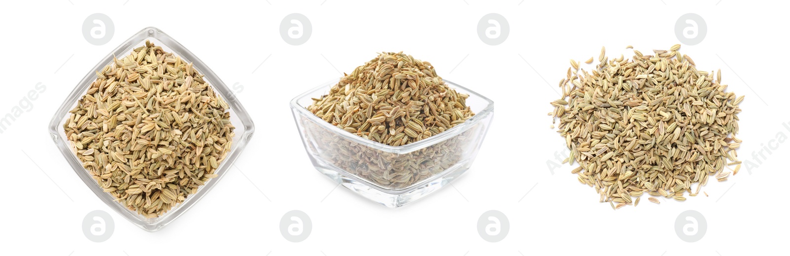 Image of Dry fennel seeds isolated on white, set