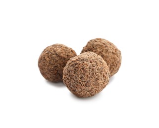 Photo of Delicious sweet chocolate truffles on white background