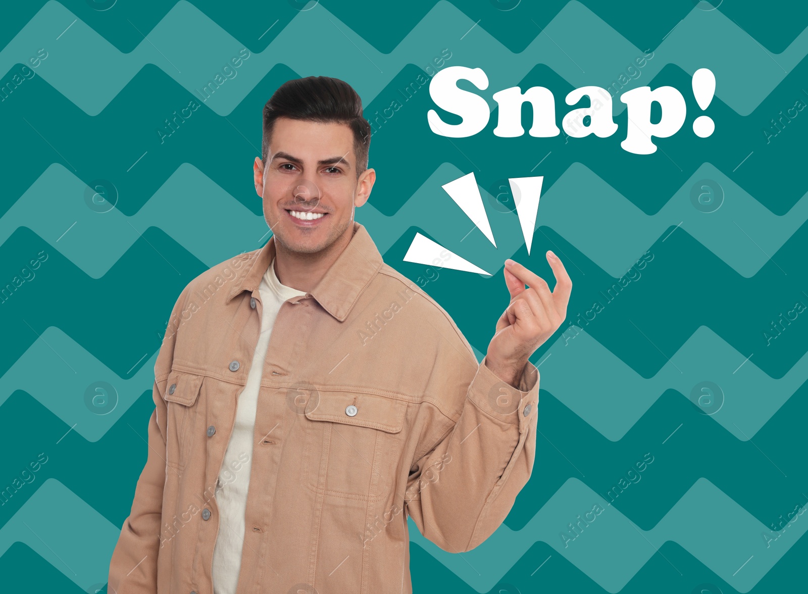 Image of Handsome man snapping fingers on color background