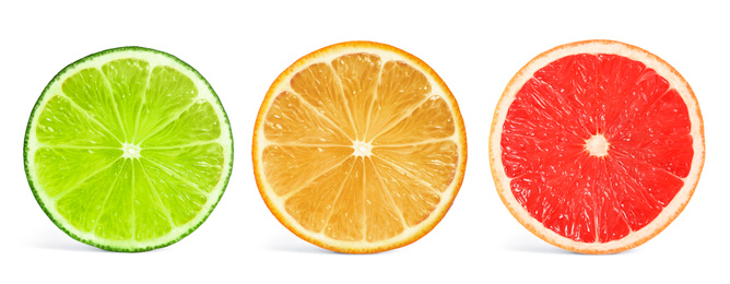 Image of Set of different citrus slices on white background, top view