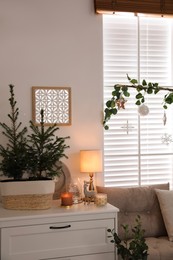Photo of Beautiful room interior decorated for Christmas with potted firs