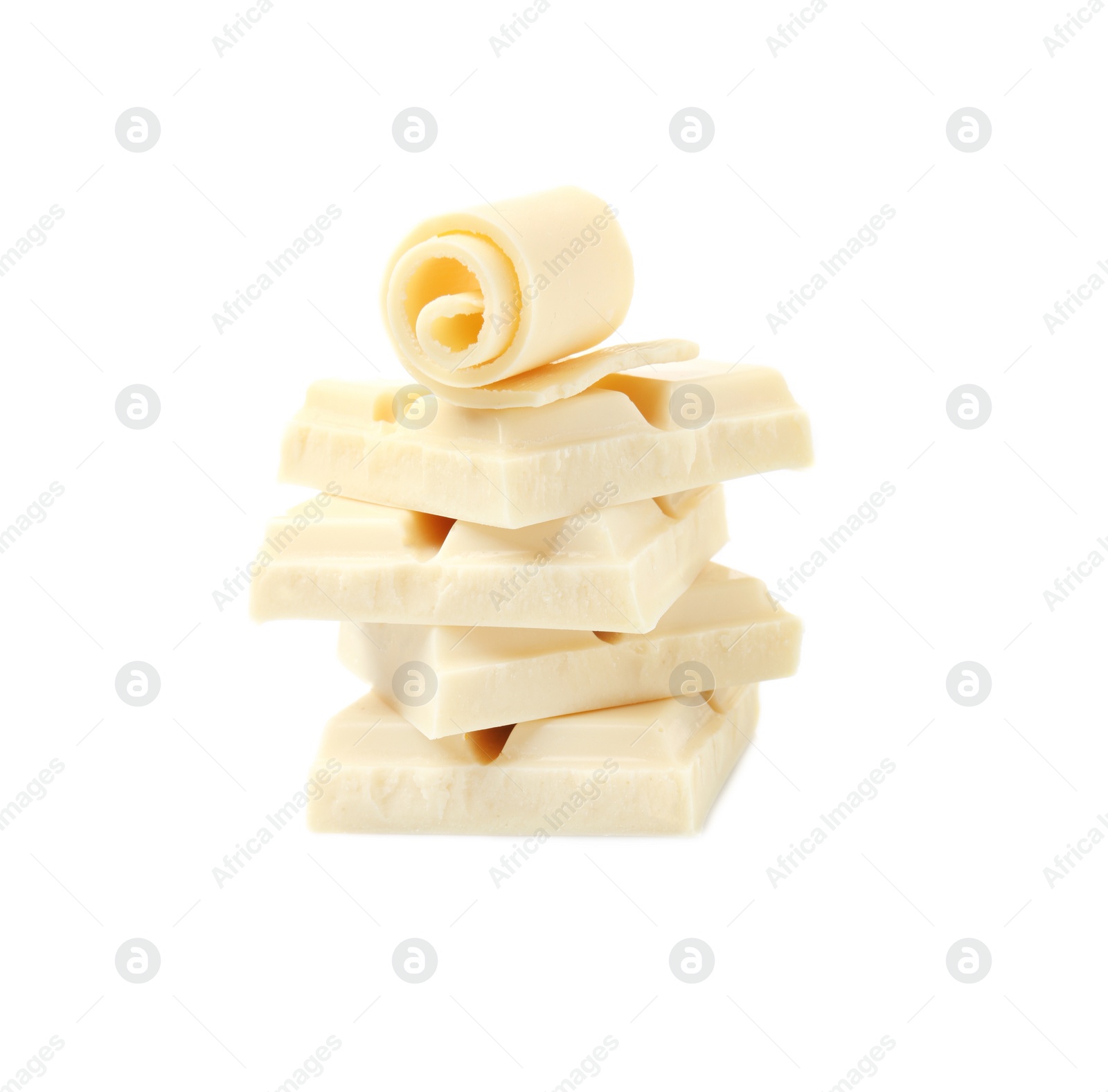 Photo of Yummy chocolate curl and pieces on white background