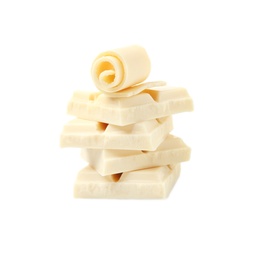 Photo of Yummy chocolate curl and pieces on white background