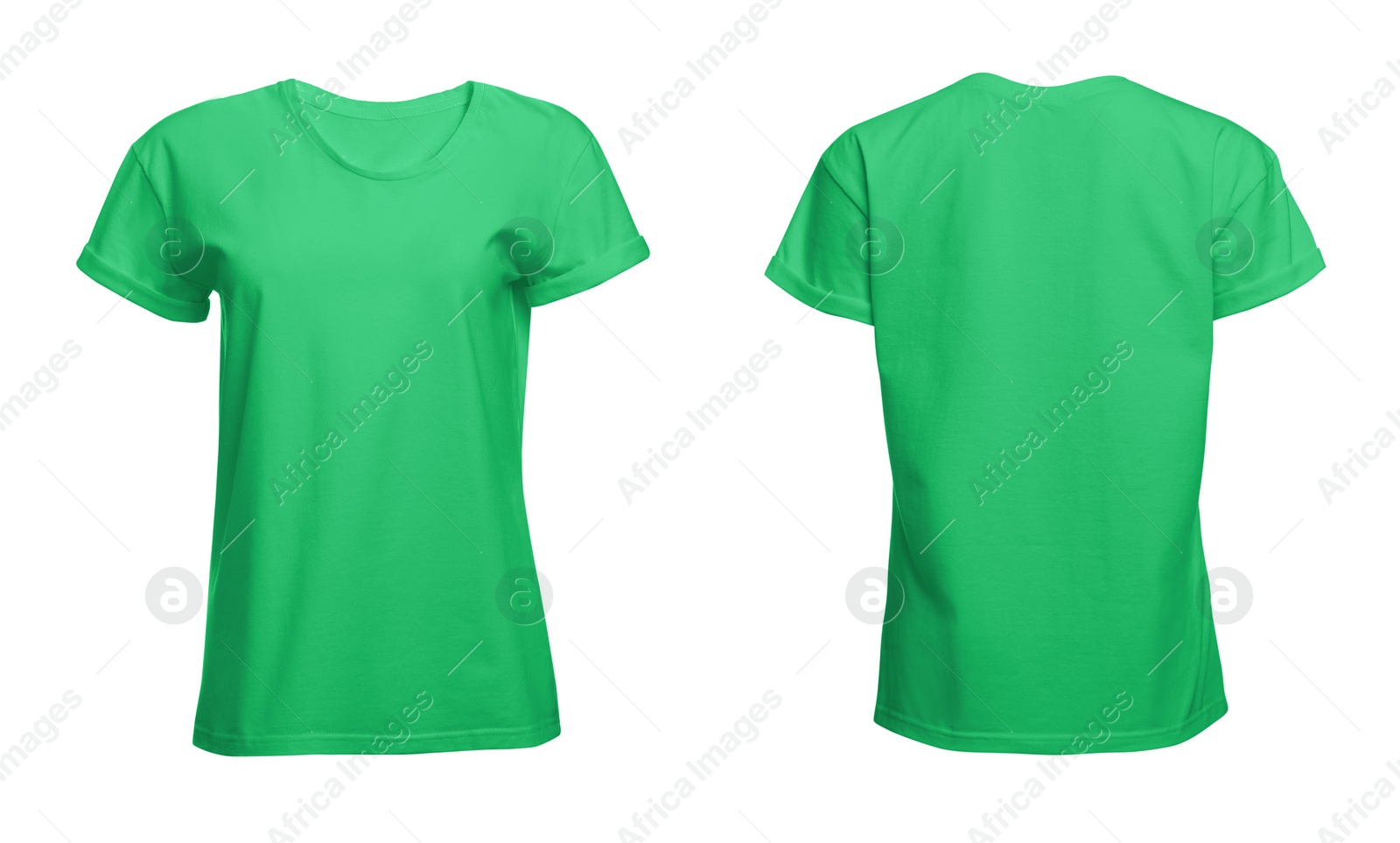 Image of Front and back views of light green women's t-shirt on white background. Mockup for design