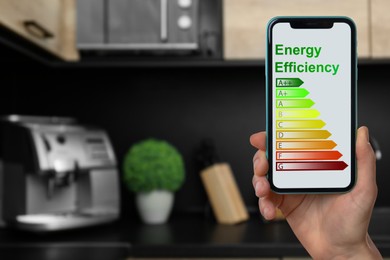 Image of Energy efficiency. Woman using smartphone with colorful rating on display in kitchen, closeup
