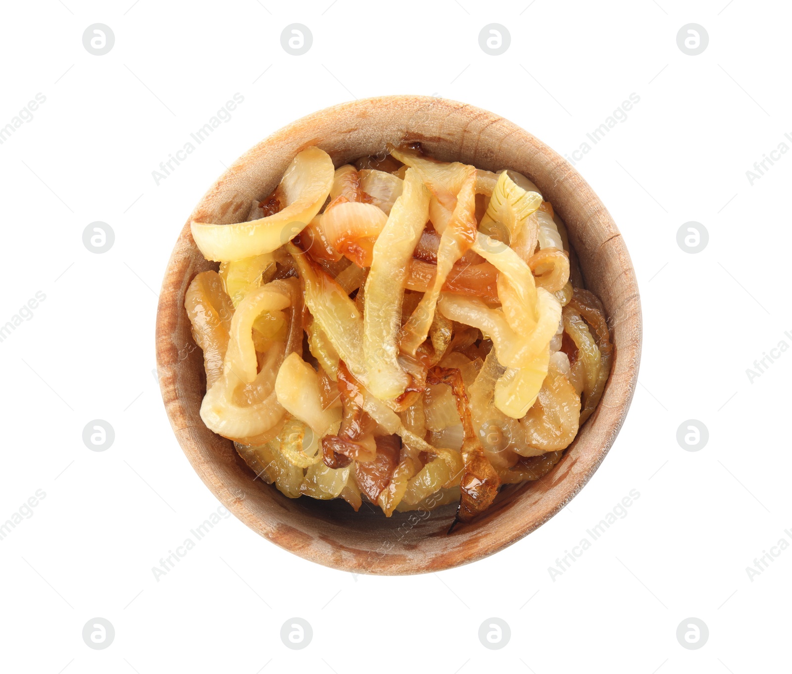 Photo of Tasty fried onion in wooden bowl isolated on white, top view