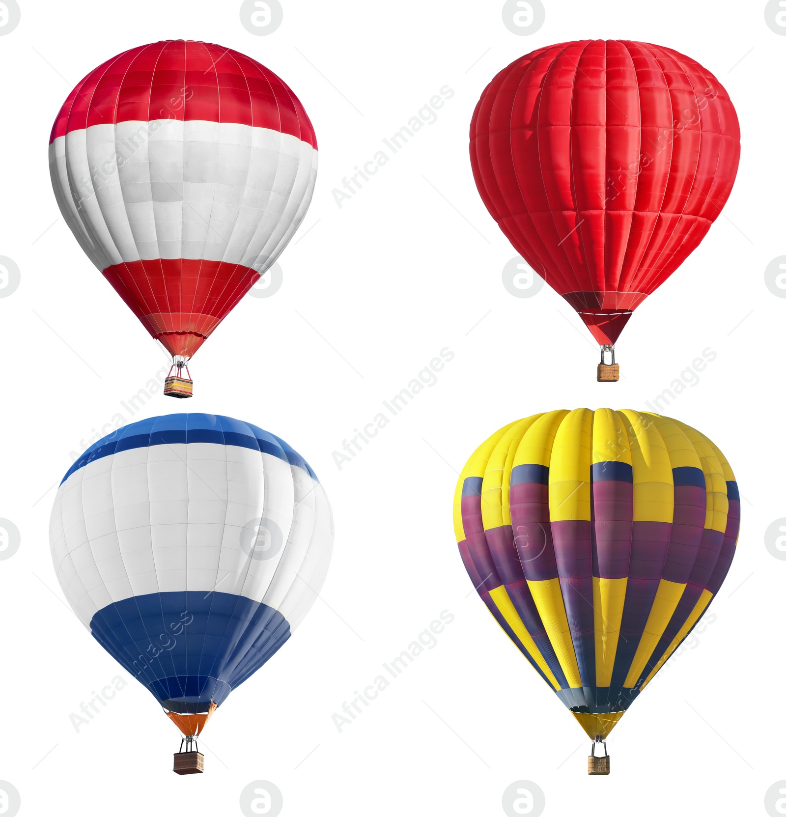 Image of Bright hot-air balloons on white background, set