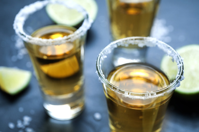 Photo of Mexican Tequila shots with salt and lime slices on grey table, closeup