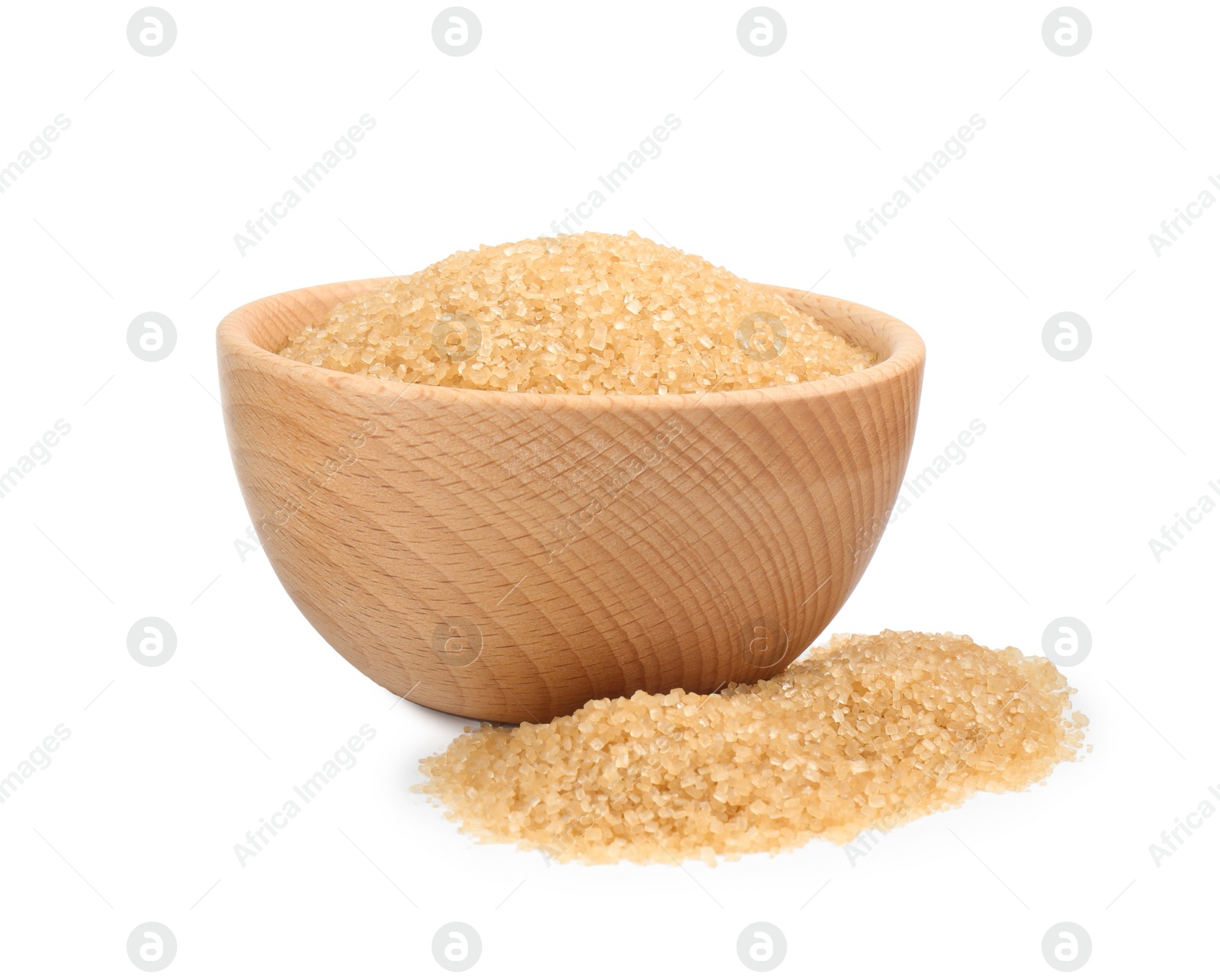 Photo of Brown sugar in wooden bowl isolated on white