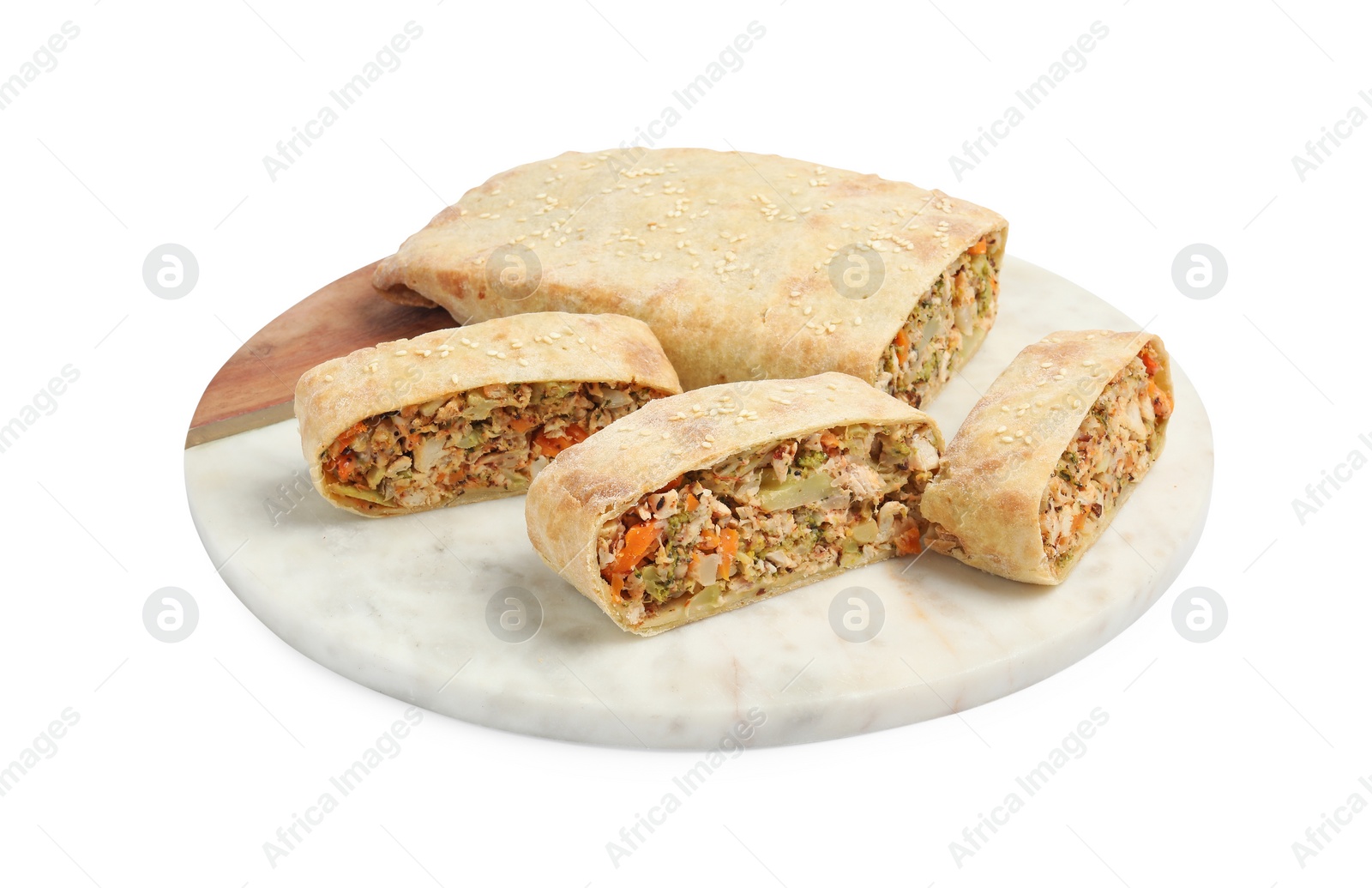 Photo of Cut tasty strudel with chicken and vegetables isolated on white