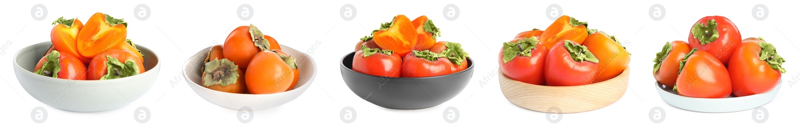 Image of Set with sweet ripe persimmons on white background. Banner design