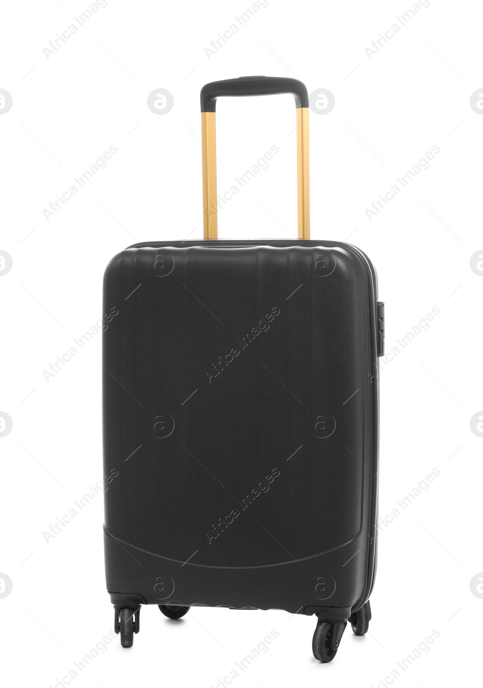 Photo of Black suitcase packed for journey on white background