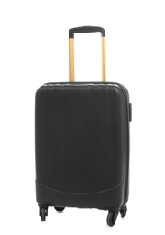 Photo of Black suitcase packed for journey on white background