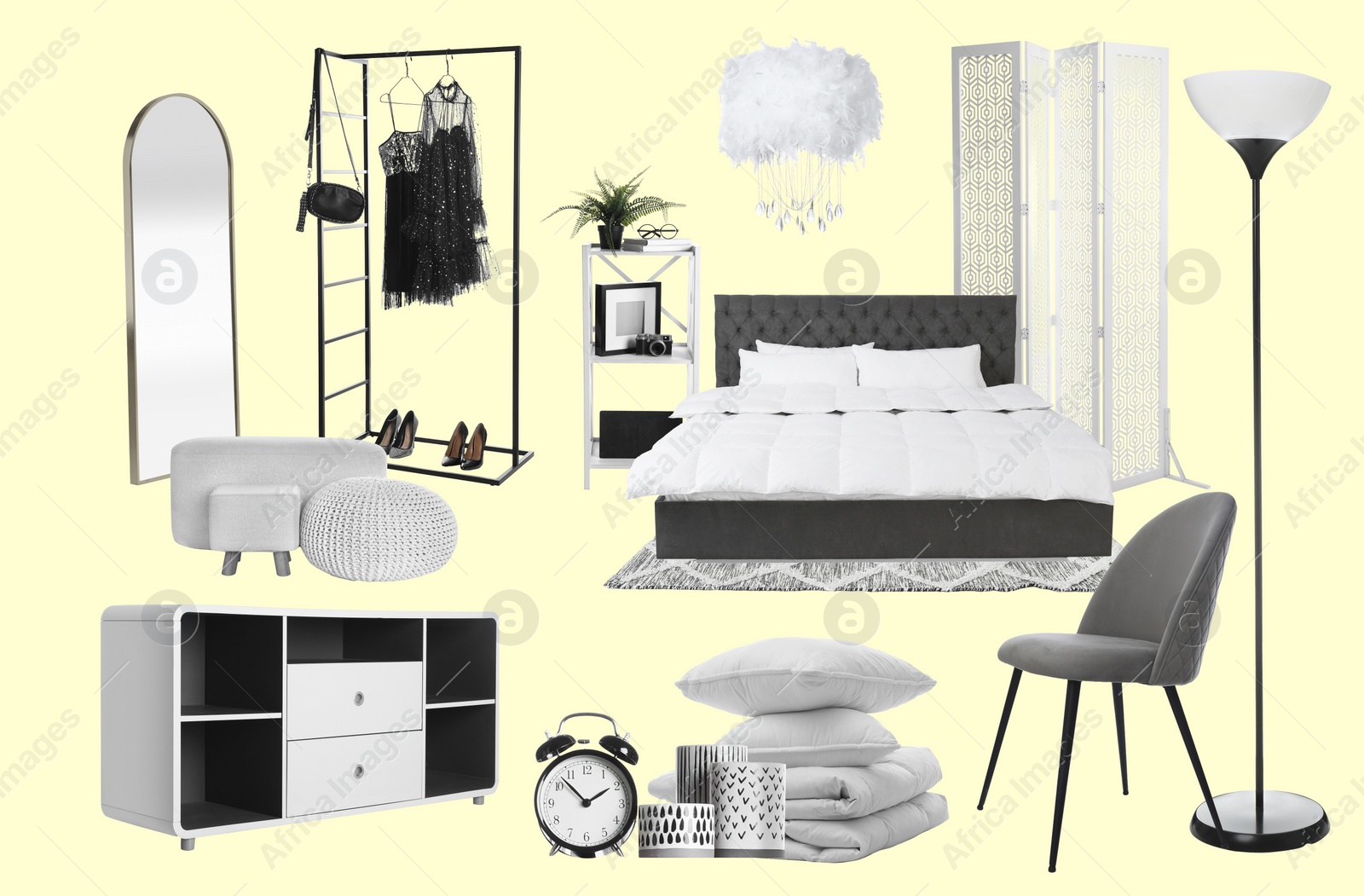 Image of Bedroom interior design. Collage with different combinable furniture and decorative elements on pale light yellow background