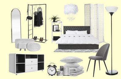 Image of Bedroom interior design. Collage with different combinable furniture and decorative elements on pale light yellow background