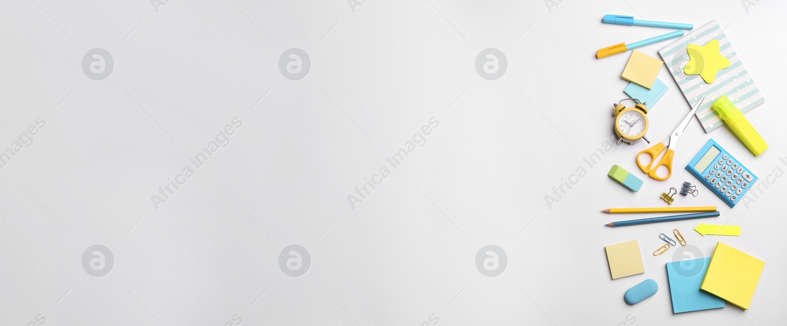 Image of School stationery on white background, flat lay with space for text. Banner design