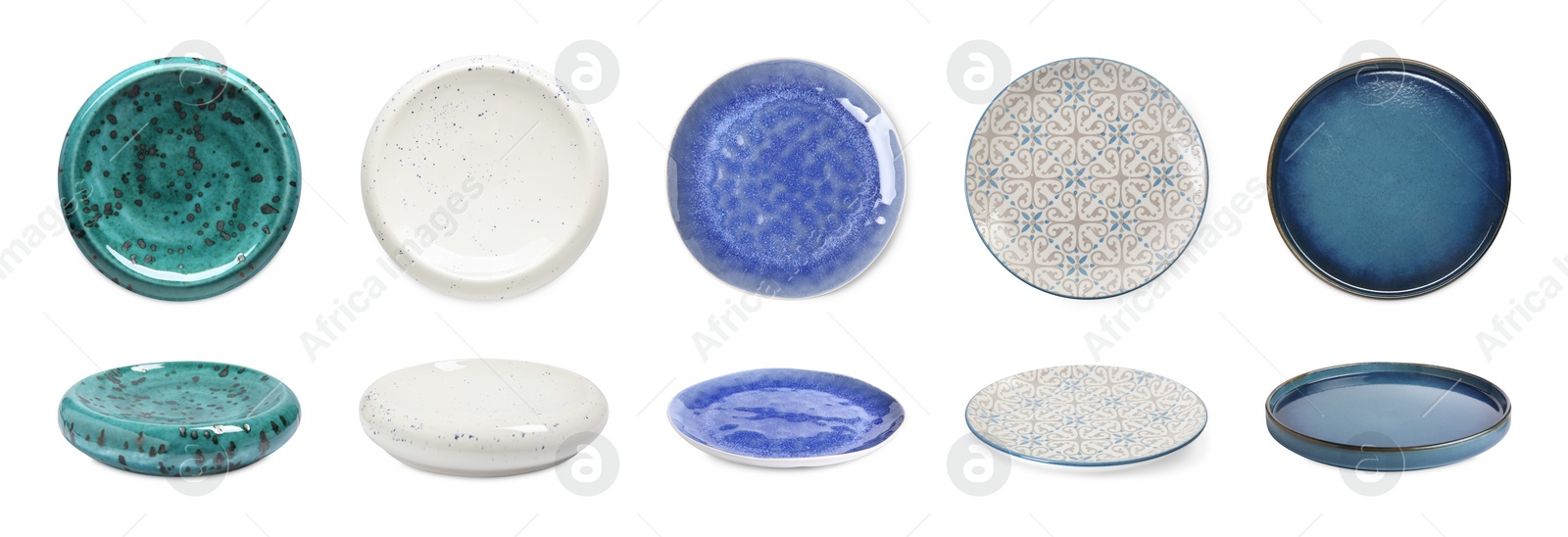 Image of Different clean plates isolated on white, top and side views