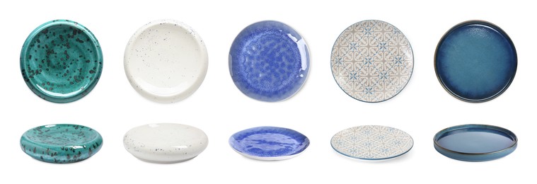 Image of Different clean plates isolated on white, top and side views