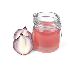 Photo of Glass jar of onion syrup and fresh ingredient on white background