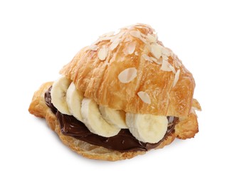 Photo of Delicious croissant with banana and chocolate isolated on white