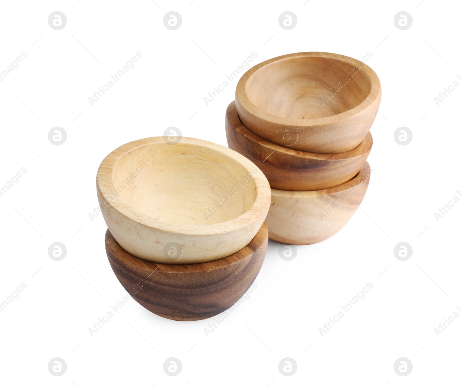 Photo of Set of wooden bowls on white background