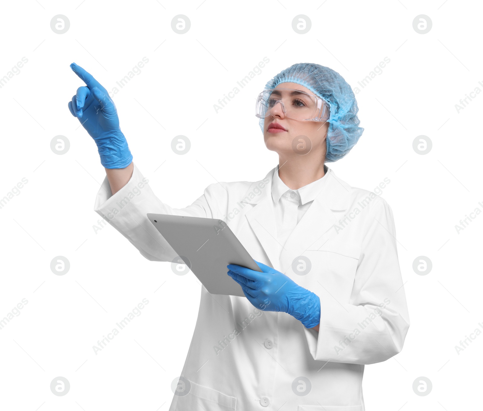 Photo of Quality control. Food inspector with tablet on white background