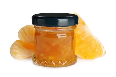 Photo of Jar of sweet tangerine jam on white background