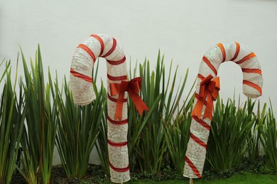 Photo of Beautiful colorful candy canes on green grass outdoors. Christmas street decorations