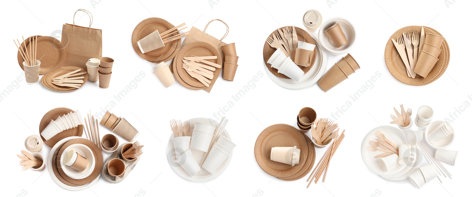 Image of Set with different disposable tableware on white background. Banner design