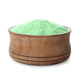 Green powder dye in bowl on white background. Holi festival